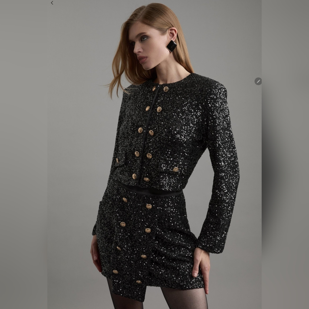Karen Millen Black Sequin Long Sleeve Dress - Picture 2 of 11